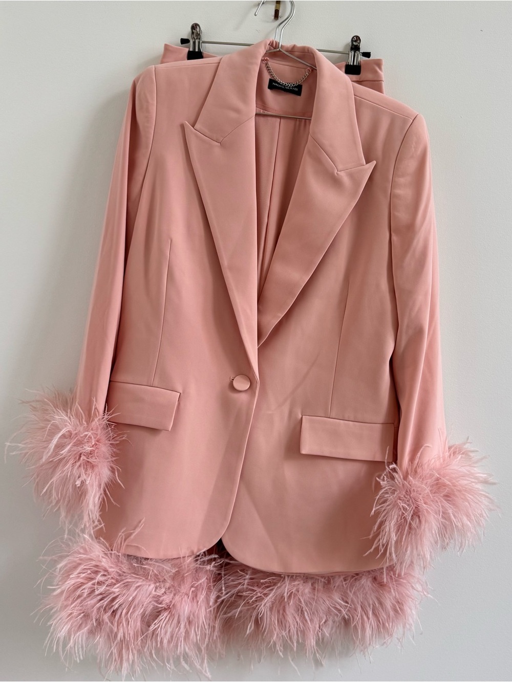 NADINE MERABI Dusty Pink Feather-Trim Blazer Pantsuit